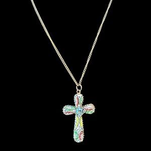 Vintage Mosaic Cross Necklace 20” Chain